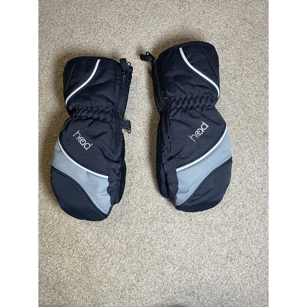 Head Junior Kids Ski Mittens Size Small Black Gray Side Zipper Faux Fur Lined
